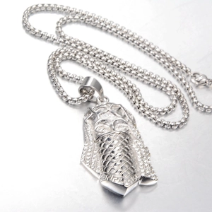 Hip hop pharaoh pendant necklace in polished titanium steel with sparkling rhinestones