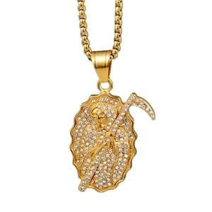 Collana con ciondolo Santa Muerte color oro stile hip hop con strass scintillanti da uomo