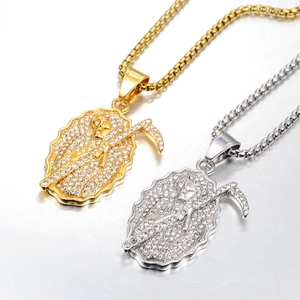 Collana con Ciondolo Triste Mietitore Hip Hop Falce Gotica Acciaio al Titanio Intarsiato con Strass Ciondolo Catena per Uomo Donna Gioielli