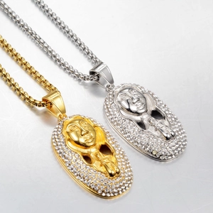 Hip Hop Pharaoh Iced Out Pendant Necklace Titanium Steel Egyptian Portrait Medallion Chain Jewelry For Men Women Gift