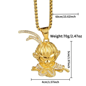 Detailed dimensions of gold Sun Wukong pendant necklace with CZ stones and chain measurements