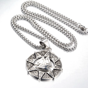Detailed view of Viking Valknut pendant in aged silver-tone stainless steel with heavy chain