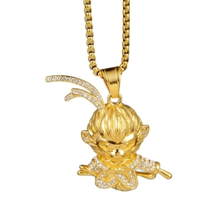 Hip-hop style gold Monkey King pendant necklace with sparkling rhinestones for unisex wear
