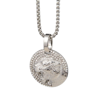 Collier hip hop en acier titane avec pendentif tête de léopard serti de cristaux brillants