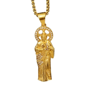 Collier avec pendentif religieux Saint Jude doré orné de cristaux blancs