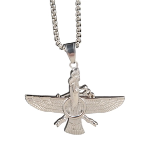 Collana con ciondolo Faravahar in acciaio inossidabile argento per uomo e donna con ali fisse