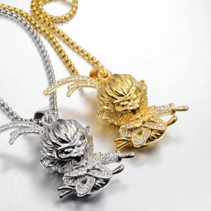 Hip Hop Titanium Steel Monkey King Pendant Necklace Full Zirconia Inlaid Box Chain Punk Jewelry For Men Women Casual Accessories