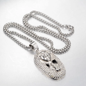 Hip hop silver stainless steel necklace featuring iced out Egyptian pharaoh pendant