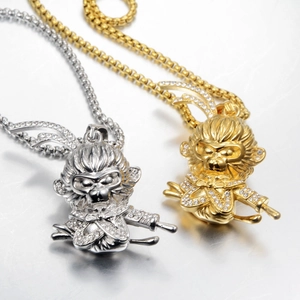 Hip hop style Sun Wukong pendant necklace in gold and silver steel with zircons
