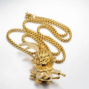 Hip hop gold plated monkey pendant necklace with pavé crystal zircon and box chain for unisex