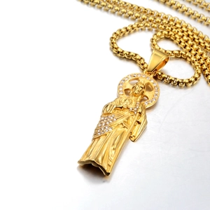 Collier avec pendentif religieux doré orné de cristaux blancs pour homme et femme