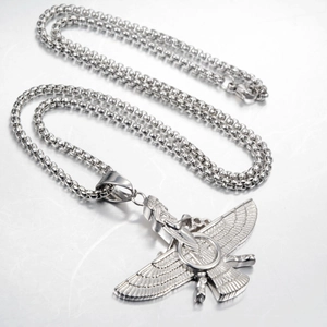 Collana con ciondolo Faravahar in acciaio inossidabile argento con catena a maglie tonde