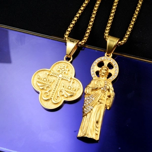 Colliers hip-hop dorés avec pendentif religieux Jésus et croix sur chaînes à billes