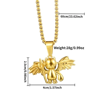 Detailed view of gold devil pendant with 60cm pearl chain and dimension markings