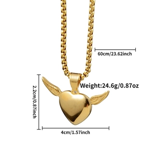 Detailed size chart showing golden heart wing pendant with a 60cm round box chain
