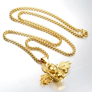 Polished golden stainless steel winged dragon pendant with detailed spear on a box chain