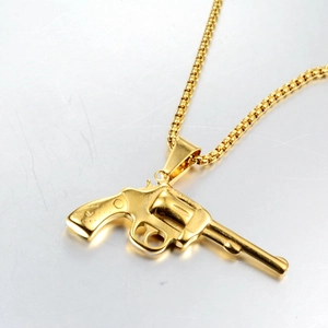 Collar unisex estilo hip hop con colgante de revólver dorado y cadena de caja para hombre y mujer