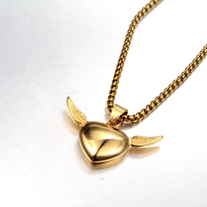 Polished gold angel wing heart pendant necklace on a sleek box chain for men and women