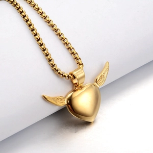 Hip hop style gold titanium steel heart wings necklace with a durable box chain
