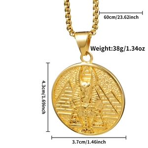 Detailed size chart showing 60cm pearl chain and 4.3x3.7cm gold Pharaoh pendant