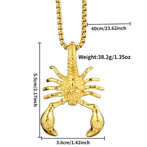 Detailed view of gold scorpion pendant with dimensions 5.5x3.6cm and 60cm box chain