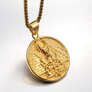 Hip hop style gold Egyptian Pharaoh pyramid pendant necklace with Anubis and scales detail