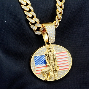 Collier hip hop glacé avec pendentif drapeau américain et cowboy sur chaîne cubaine
