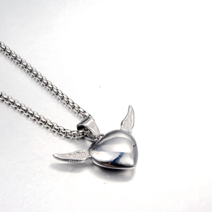 Polished stainless steel heart wing pendant necklace with silver box chain for men and women