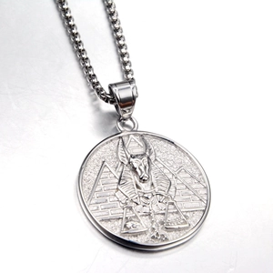 Silver stainless steel Pharaoh Anubis pyramid pendant necklace with box chain