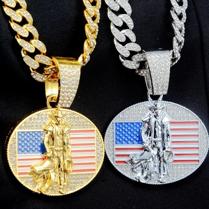Collier Pendentif Hiphop Iced Out Cowboy Drapeau Américain Alliage Zircone Chaîne Cubaine Pour Homme Femme Bijoux Western