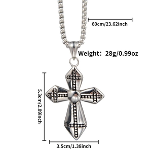 Detail showing dimensions of silver steel cross pendant with chain length and weight info