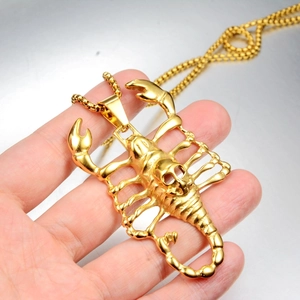 Macro detail of gold scorpion pendant with skull motif and matching bead chain
