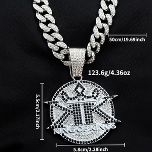 Detail shot of iced-out hip hop King of Kings pendant with Cuban link chain dimensions