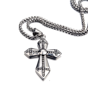 Retro stainless steel cross pendant necklace with dotted texture on silver box chain