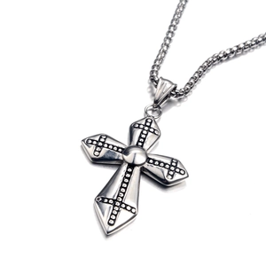 Polished silver stainless steel cross pendant necklace with black polka dot patterns