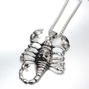 Gothic scorpion pendant necklace with skull detail in vintage oxidized stainless steel