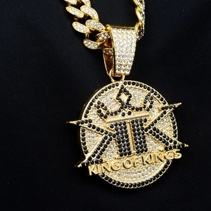 Hip Hop Zinc Alloy Rhinestone Crown K Letter Pendant Necklace King Of Kings Cuban Chain Streetwear Jewelry For Men Women