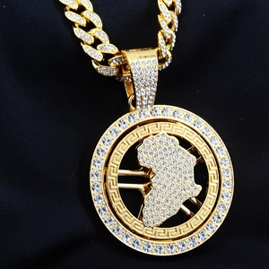 Hip Hop Vergoldet Zinklegierung Strass Afrika Karte Rund Anhänger Halskette Mit Iced Out Panzerkette Für Herren Damen Schmuck