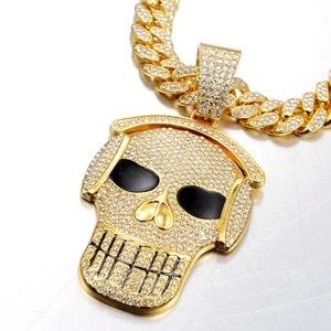 Iced out skull pendant necklace with headphones and full diamond Cuban link chain for men