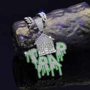 Iced out hip hop κολιέ με διαμαντένιο σπίτι μενταγιόν και πράσινα γράμματα TRAP