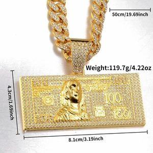 Detailed size chart of iced out dollar sign pendant with 50cm cuban chain necklace