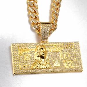 Hip hop 100 dollar bill pendant necklace with sparkling crystals and golden cuban link chain