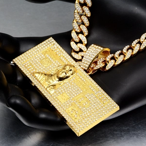 Hip hop gold plated dollar bill pendant necklace with cuban chain and sparkling crystals