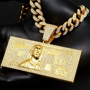 Iced Out Hip Hop 100 Dollar Bill Pendant Necklace Zinc Alloy Rhinestone Cuban Link Chain Gold Color Personalized Necklaces For Men Women