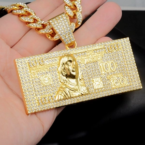 Hip hop 100 dollar bill pendant necklace with iced out crystals and cuban chain link