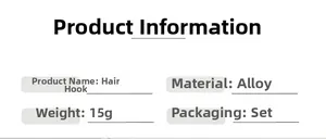 Specifications for alloy ponytail hair hook accessory weighing 15g in a set packaging