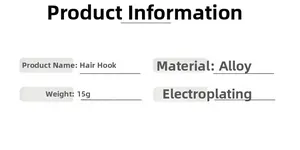 Detailed product specifications of the alloy hair hook showing 15g weight and plating process