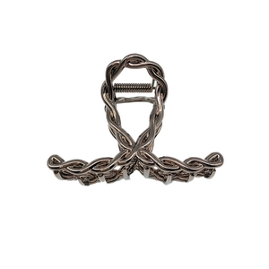 Elegant gunmetal metallic hair claw clip with twisted rope texture and mirror finish