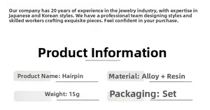 Detailed specifications for hair clip set made of alloy and resin weighing 15g per piece