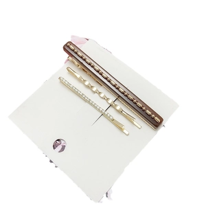 Set de 3 barrettes japonaises avec strass dorés et épingles à cheveux à perles brunes